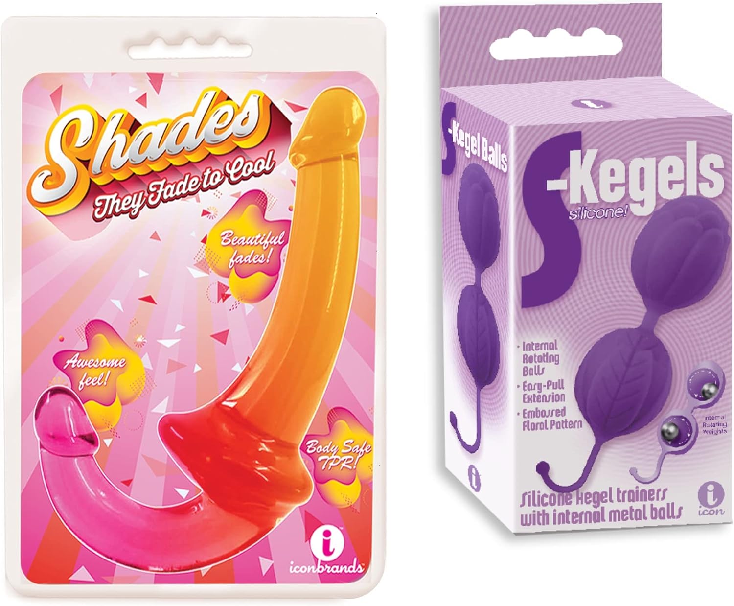 Sex Toy Gift Set Bundle of Shades Jelly TPR Gradient Strapless Strap On - Pink/Yellow and Icon Brands S-Geisha ballss, Silicone Geisha Balls Balls, Purple