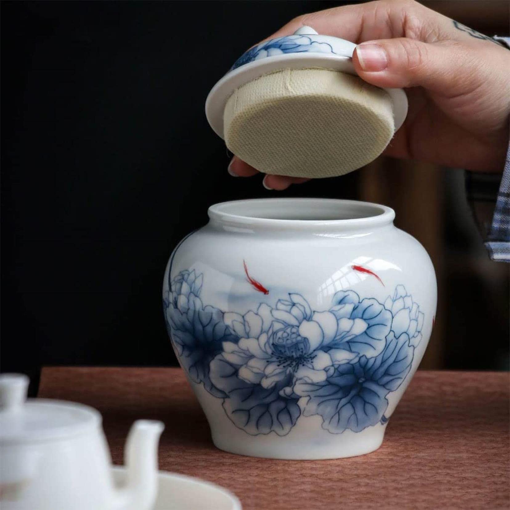 Herbata z cyny niebiesko-biały słoik z imbirem, słoik z kwiatami Chinoiserie do wystroju domu, słoik do przechowywania herbaty z hermetyczną pokrywką, herbata ceramiczna