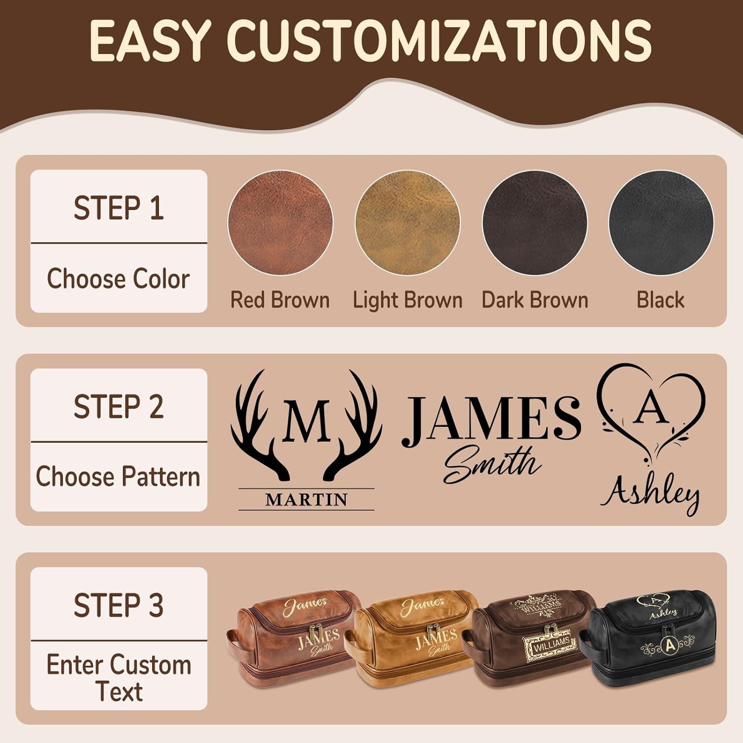 Personalized Toiletry Bag for Men - Custom Large Leather Dopp Kit with Engraved Name & Text, Personalized Gift for Groomsmen, Husband, Dad, Boyfriend, Birthday Gifts for Men