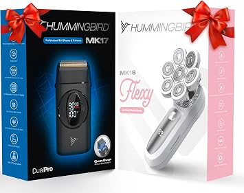 تتضمن حزمة HUMMINGBIRD His & Hers مجموعة ماكينة حلاقة الساق الكهربائية اللاسلكية MK16 ومجموعة ماكينة حلاقة الرقائق MK17 DualPro ومجموعة تشذيب اللحية