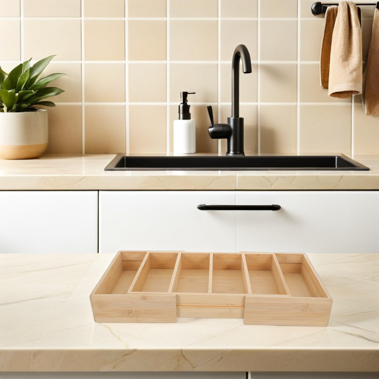 ABOOFAN Organizzatore Design Naturale in Bambù Divisori Regolabili Espandibile Scatola per Ripiani e Soluzione Salvaspazio Efficiente per Cucina e Dispensa