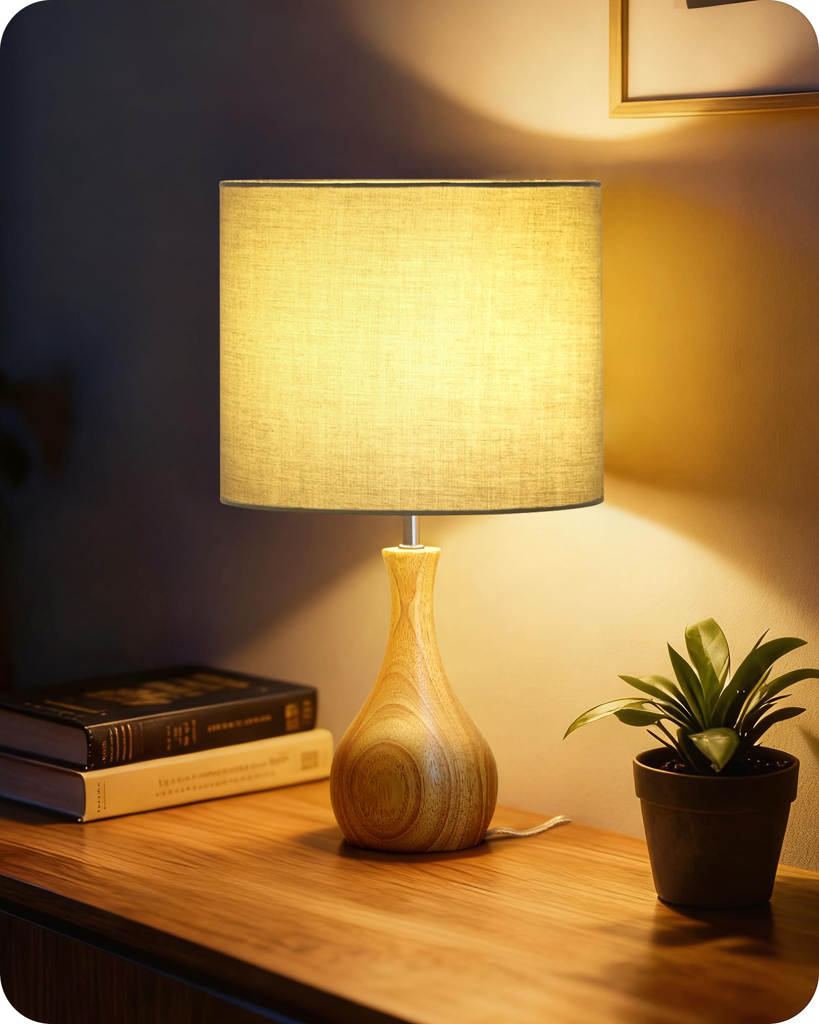 Lámpara de Mesita de Noche de Madera Verde | Maciza con Base en Forma de Botella, Pantalla de Lino, Incluye una Bombilla LED 2700K, para Sala de Estar, Dormitorio