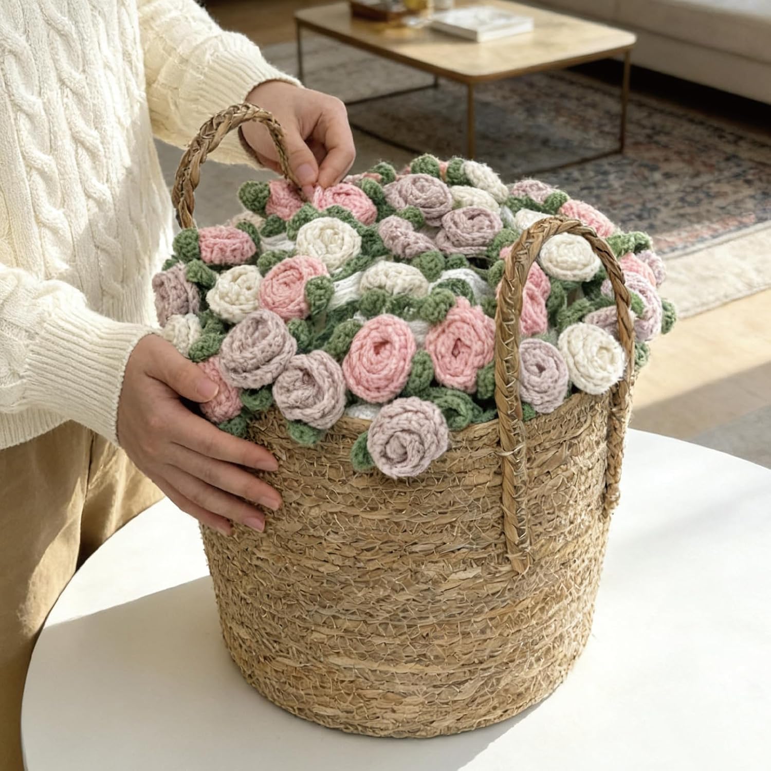 Crochet Rose Flower Bouquet Blanket, Handmade Throw Blankets, Romantic Gift for Friend Birthday, Valentine, Wedding Anniversary, Mother's Day (Multicolored Rose, 39 inches)