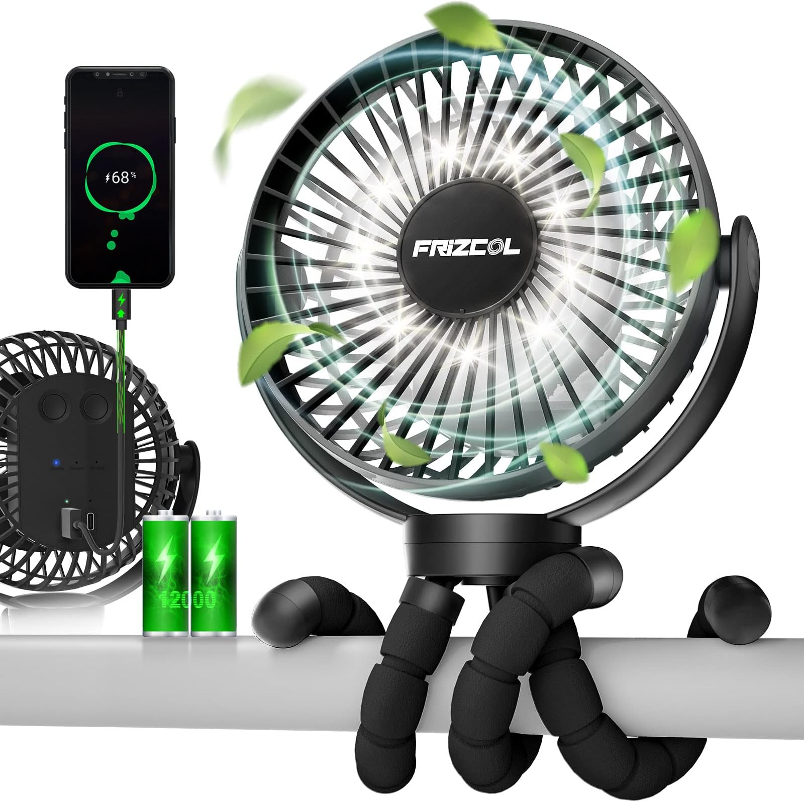 Portable Stroller Fan with LED Lights, 65 Working Hours, 12000mAh Battery, Tripod Legs, USB Rechargeable, Peloton Treadmill, Camping, Travel, Bed (Black)