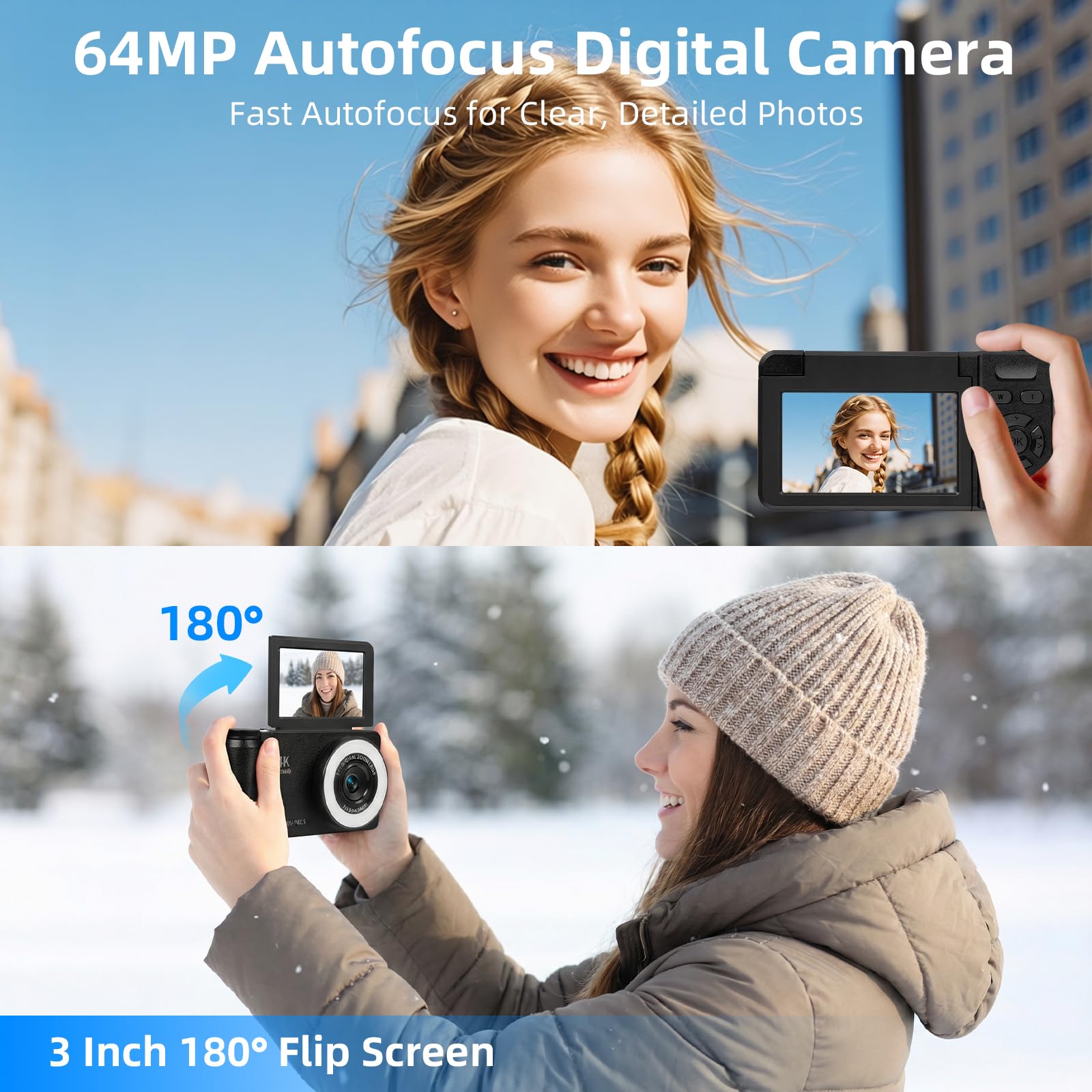 4K 64MP Digitalkamera mit Beauty Licht & Schönheitsmodus Autofokus Kamera Fotokamera Kompakte Vlogging Kamera 3 Zoll 180° Flip Bildschirm 18X Digitalzoom 20 Filter 32G Karte für Kinder Jugendliche