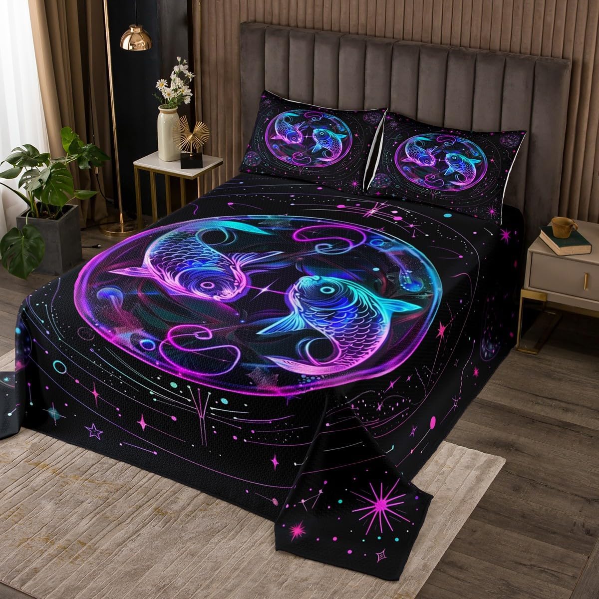 12 Constellations Quilt Set for Kids Teens,Leo Bedspread Coverlet,Purple Pink Star Moon Bed Cover Universe Galaxy Bedding Set Decorative Quilted 2 Piece Coverlet Set with 1 Pillow Sham,Twin Size