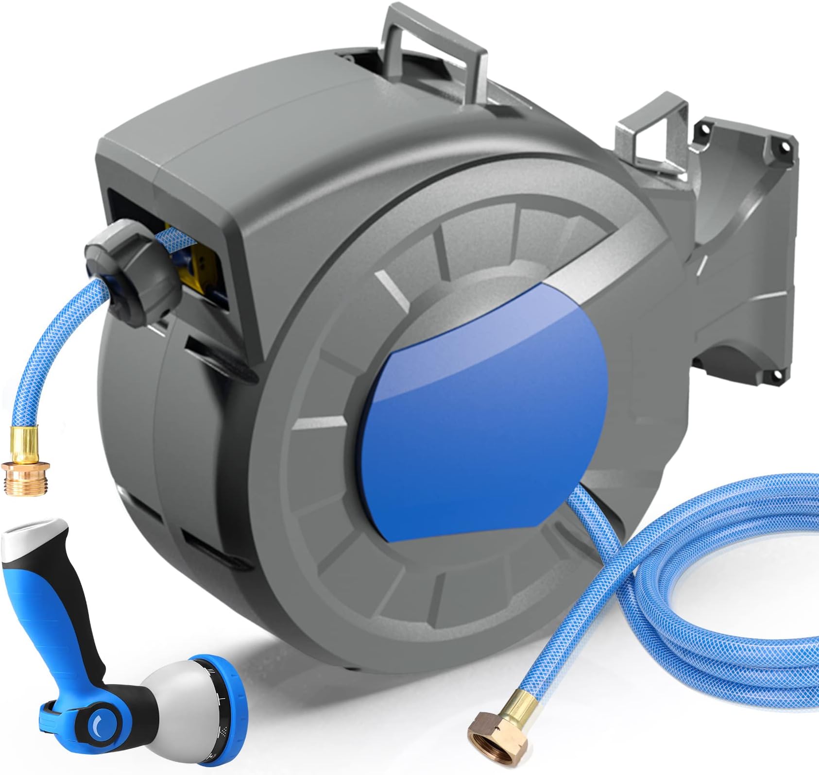 Retractable Garden Hose Reel Wall Mount 1/2" x 100 ft + 6.5 ft Water Hose Reel for Outside with 10 Pattern Nozzle, Automatic Slow Rewind System/Lock Any Length/180°Swivel