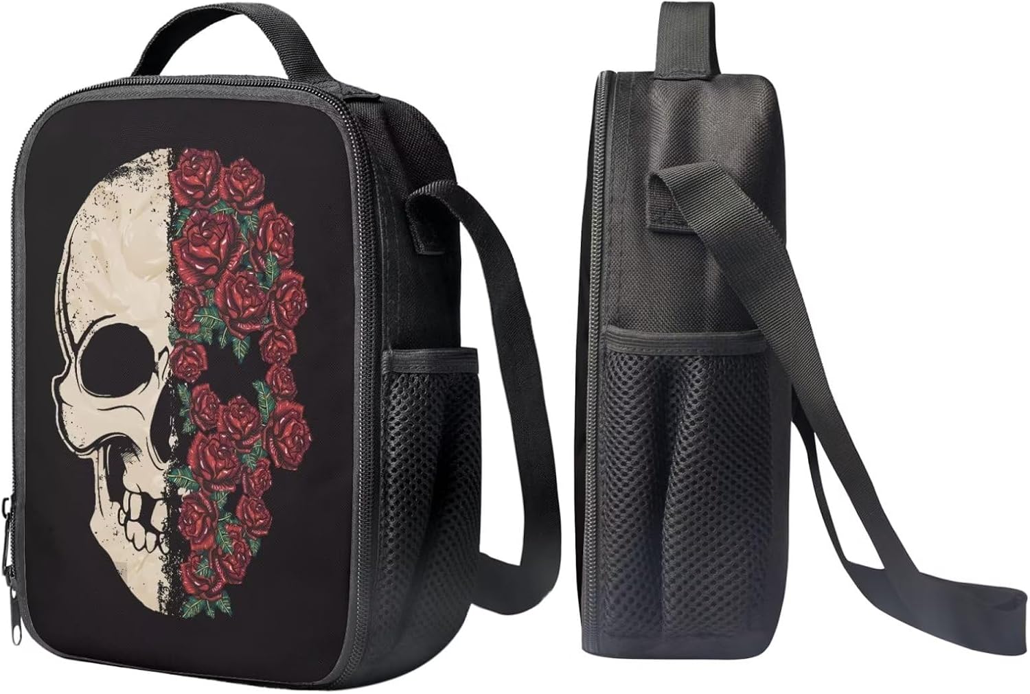 Kids Rose Skull School Backpack Set for Girls Boys Personalized Graphic Print Black Bookbag Student Lightweight Comfy Padded Aesthetic Backpack with Lunch Box Pencil Bag