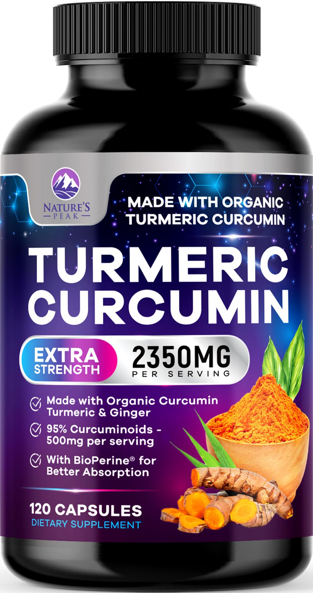 Turmeric Curcumin Supplement - 1750mg Organic 3X Strength Turmeric - 95% Curcuminoids, Ginger & BioPerine Black Pepper for Best Absorption - Natural Vegan Joint Support, Bottled in USA - 120 Capsules 120 Count (Pack of 1)