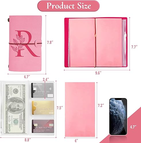 Miniatura 4 de JEWPHX Diario personalizado para regalo, diario de cuero con inicial rosa + juego de bolígrafo de corazón de diamante, cuaderno de viaje, bloc de