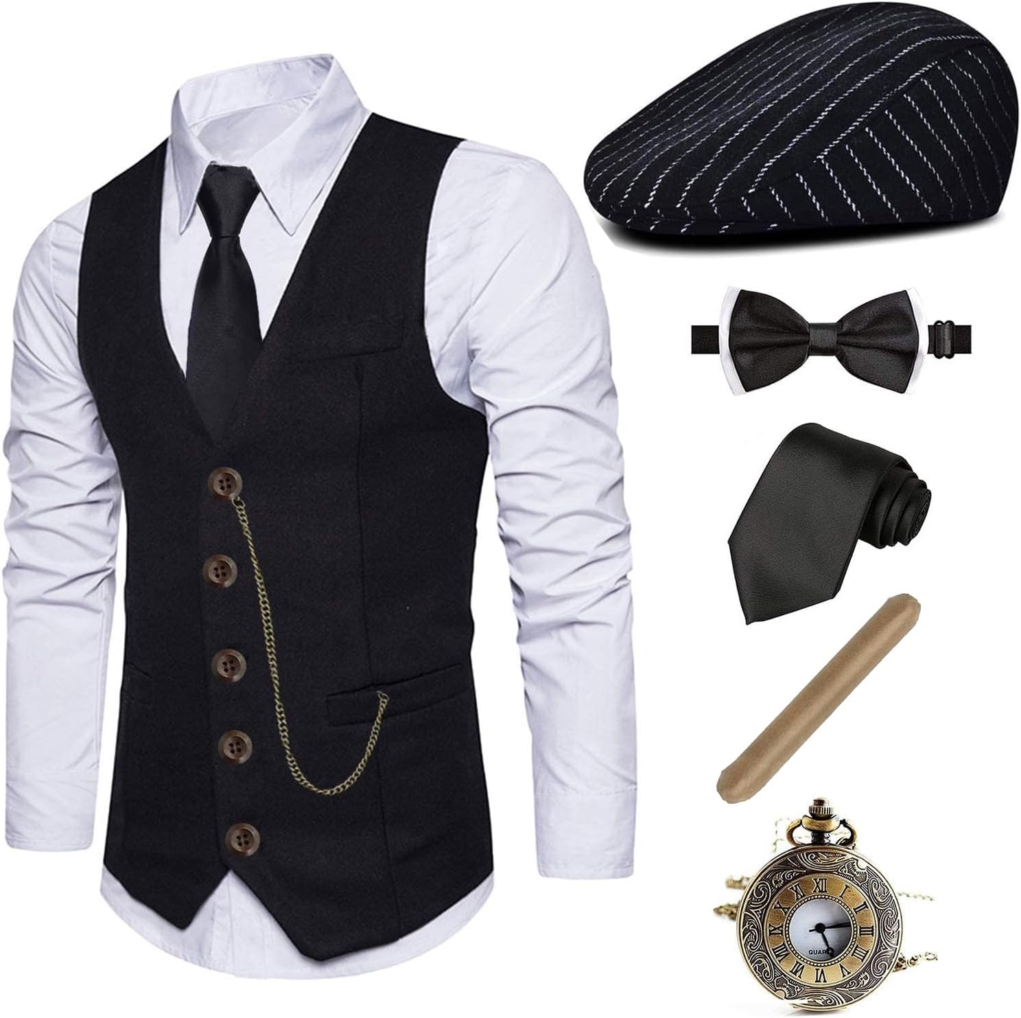 EFORLED 1920s Mens Costume Fedora Hat,Gatsby Gangster Vest,Vintage Pocket Watch,Pre Tied Bow Tie,Tie