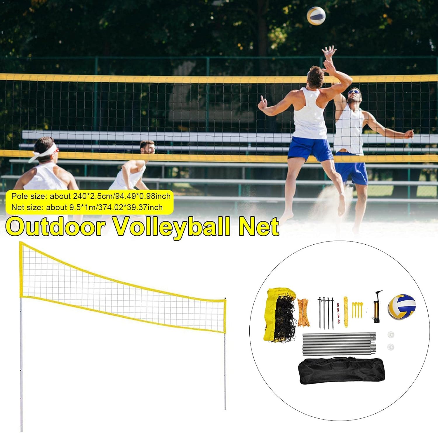 CHUWUJU Outdoor Portable Volleyball Net Set - Quick & Easy Setup -Sturdy Poles, PU Volleyball with Pump and Carrying Bag for Beach Backyard (Pole Size 240x2.5cm/Net Size: 9.5x1m) : Sports & Outdoors
