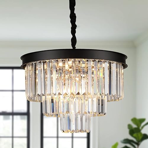 Miniatura 8 de AXILIXI - Candelabros de cristal negro, modernos, redondos, 20 pulgadas, regulables, 9 luces, lámparas colgantes de techo, 3 niveles, gota de lluvia