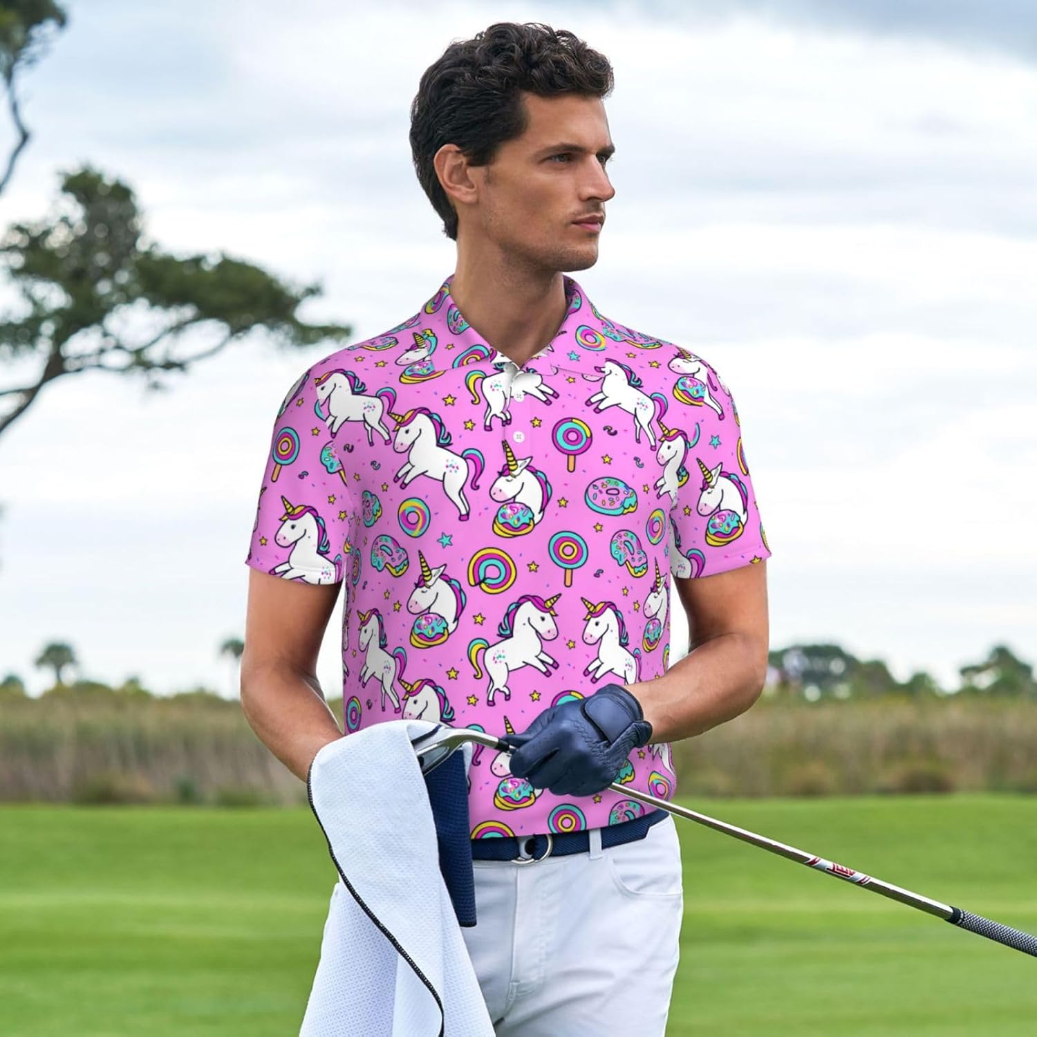 Golf Polo Shirts for Men, Funny Print Short Sleeve Performance Polos