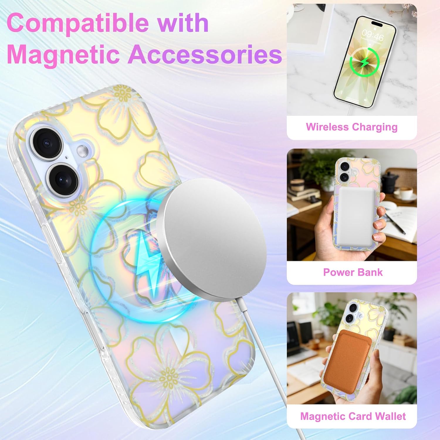 Iridescent Floral Case for iPhone 17, Compatible with MagSafe, Cute Flower Glitter Shiny Laser Design, Shockproof Protective Phone Cover for Women Girls, Line Flower