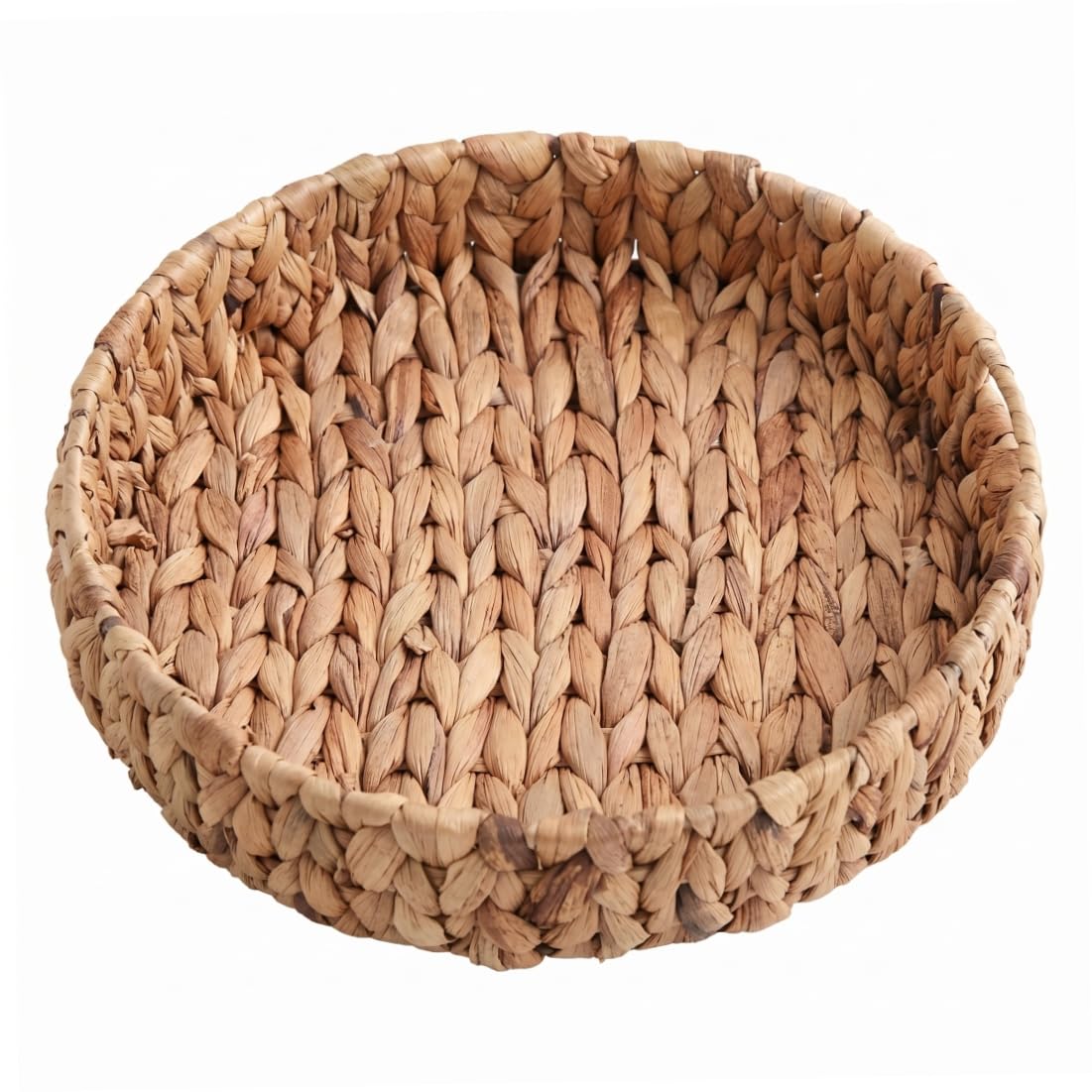 Round Woven Tray, Handwoven Water Hyacinth Wicker Serving Tray with Handle for Kitchen/Bedroom/Bathroom, M