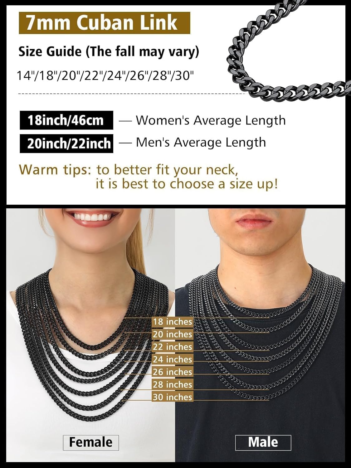FindChic Men Curb Chain Necklace 18K Gold Plated/Stainless Steel/Black Chunky Double Tight Cuban Link Hip Hop Neck Chains for Men Boys 3.5MM/5MM/6MM/7MM/9MM/12MM 14''-30'' 8 Length Options (Send Gift Box) - Image 8