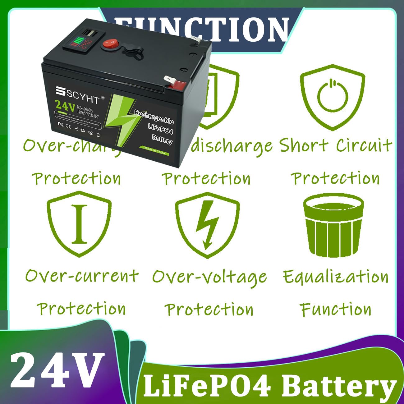 Batteria al litio 24 V 10 Ah 8 Ah Batteria LiFePO4 12 Ah Batterie agli ioni di litio 24 V Batterie di ricambio per alimentazione solare di backup con porta USB,24v12ah