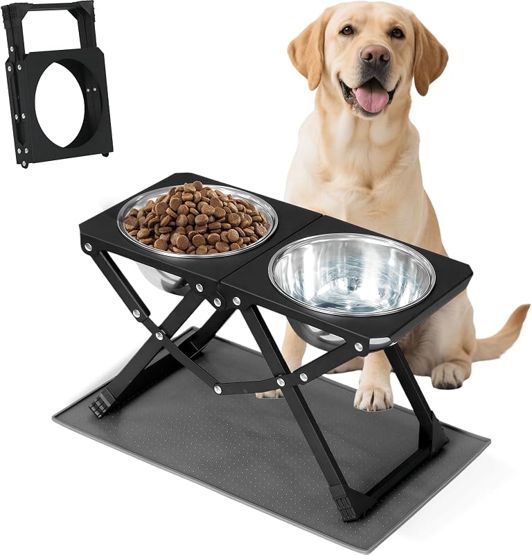 Comedouro Elevado Dobrável para Cães Flodomix com 2 Tigelas de Aço Inoxidável de 1,7 L e Tapete de Silicone