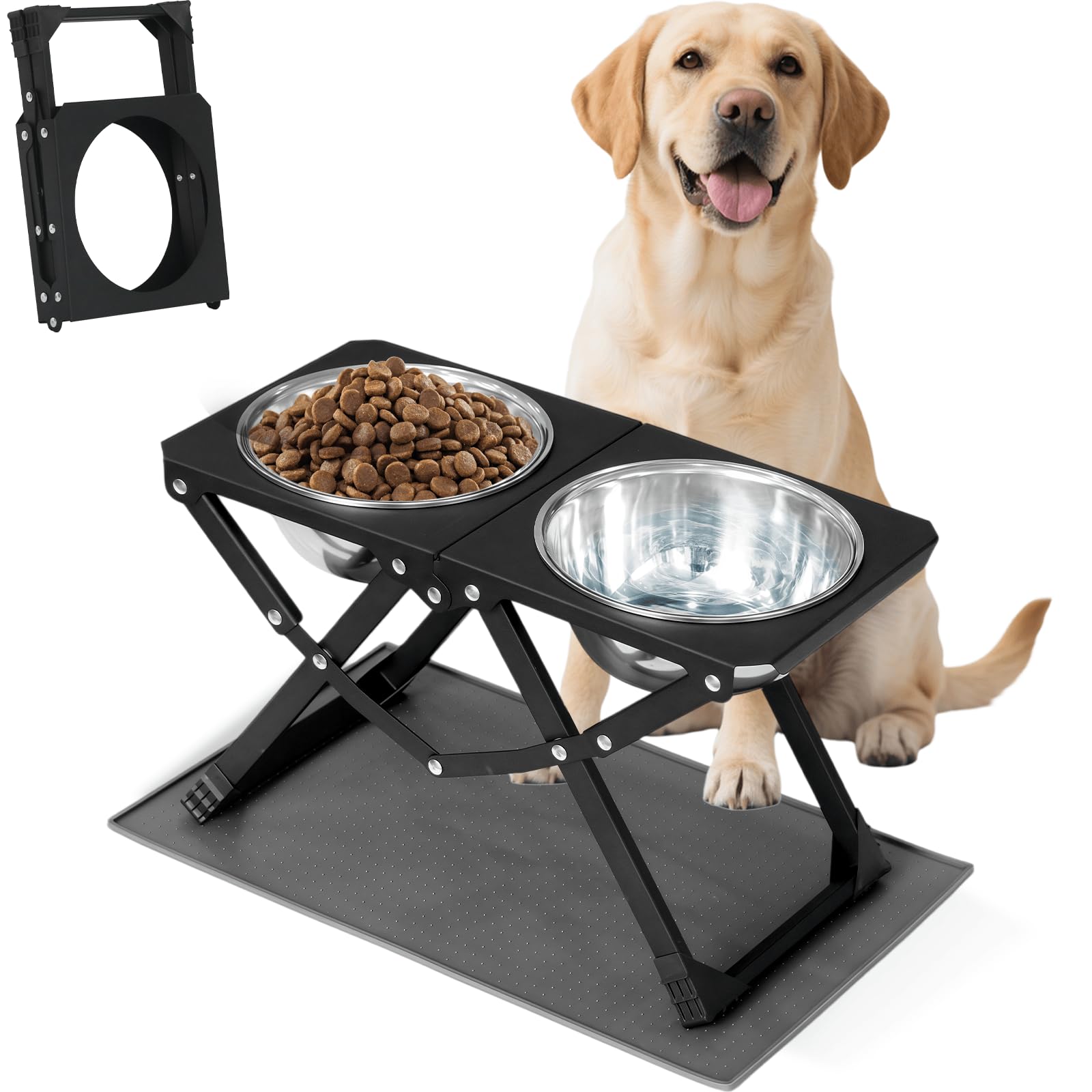 Foldable Elevated Dog Bowl Holder with 2 Large 58oz Stainless Steel Bowls, 10.2" Tall Raised Dog Bowl Stand for Medium/Large Breeds with Silicone Mat, Indoor and Outdoor Use