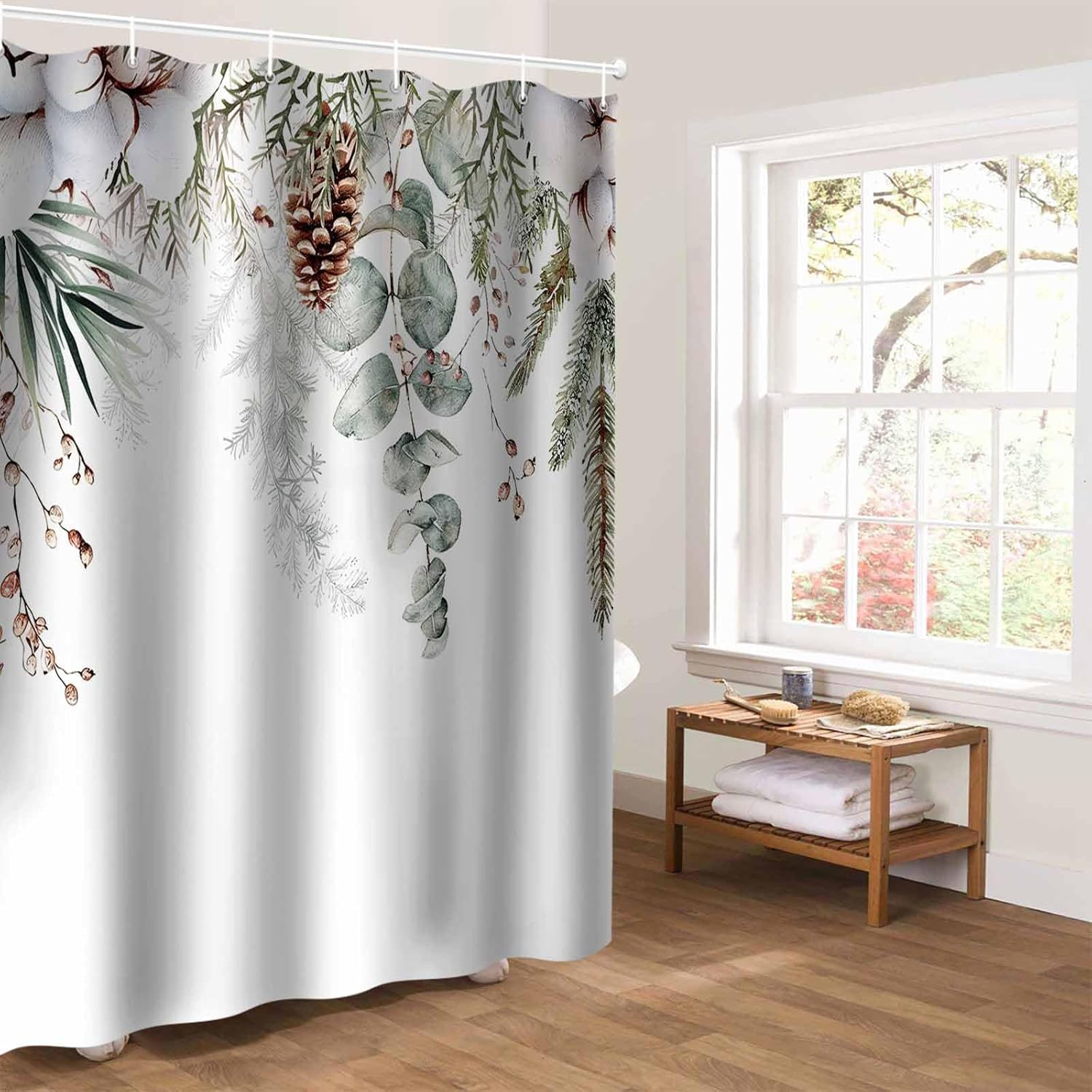 Christmas Botanical Shower Curtain, Stall Shower Curtains for Bathroom/Bathtub, Eucalyptus Leaves Xmas Pinecone Cotton Waterproof Fabric Shower Curtain Set with 12 Hooks, Standard 72" x 72"