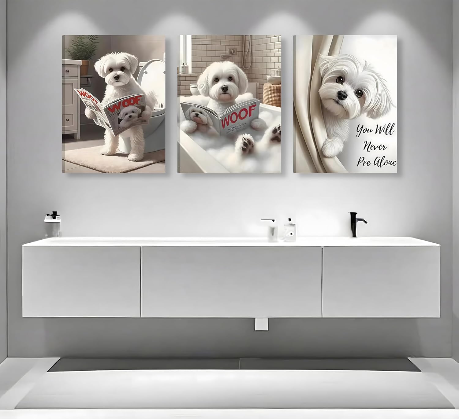 Framed 3Pcs Fun Bathroom Wall Art Cute Maltese Dog Reading Pictures Posters Wall Decor Whimsical Dog Canvas Paintings Prints Suitable for Bathroom Washroom Restroom Decoration