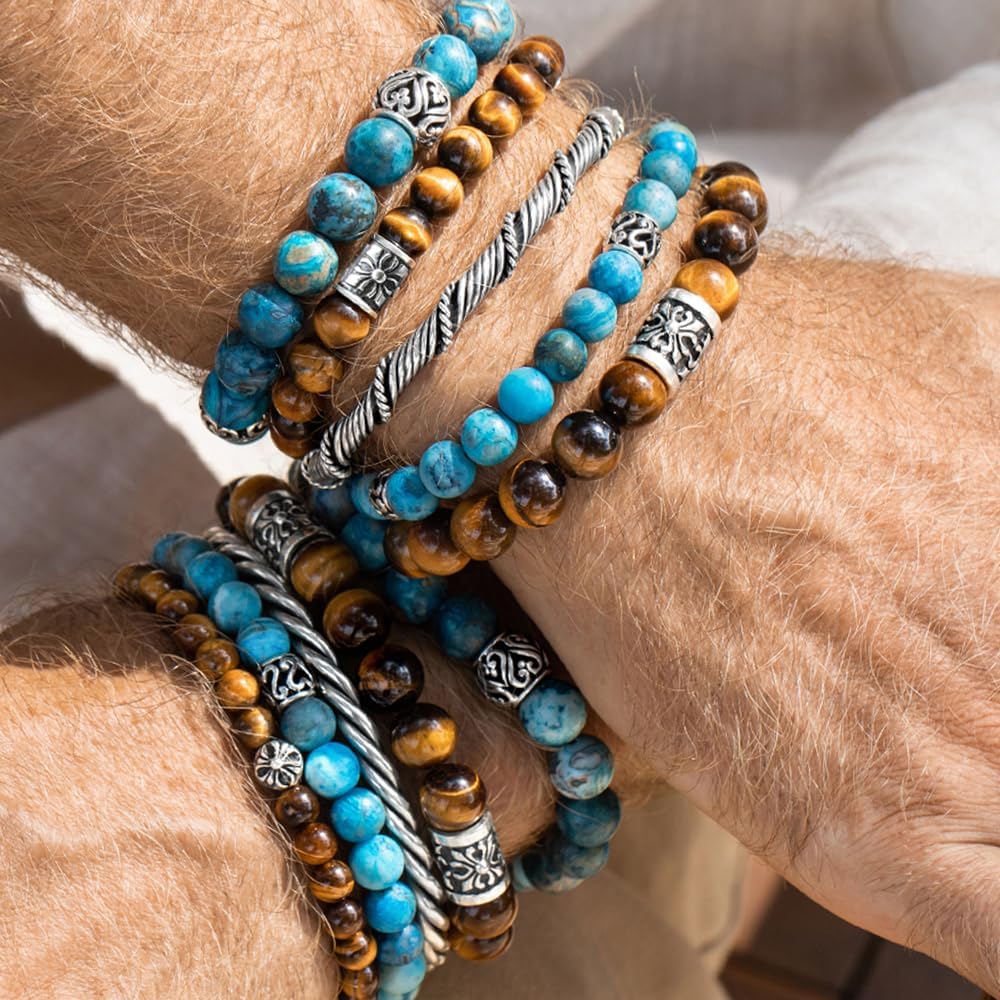 VY JEWELRY Blue Lace Agate Bracelet 8/10MM Dia Matte Stones with 925 Sterling Silver Beads for Men and Women - Image 5