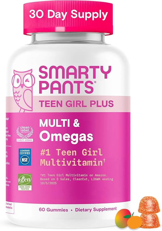 SmartyPants Teen Girl Plus Multi & Omegas Multivitamin Gummies with Omega 3 DHA/EPA, Vitamins C, D3, B12, B6, A, K, Zinc, Biotin, Gluten Free, Clean Label, Fruit Flavor, 60 Gummies (30 Day Supply)