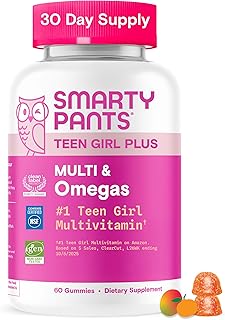 SmartyPants Teen Girl Multivitamin Gummies - Improved Formula: Omega 3 (DHA/EPA), Vitamin C, D3, B12, Vitamin A, K & Zinc, Biotin to Support Hair, Skin & Nails, Gluten Free, 60 Count (30 Day Supply)