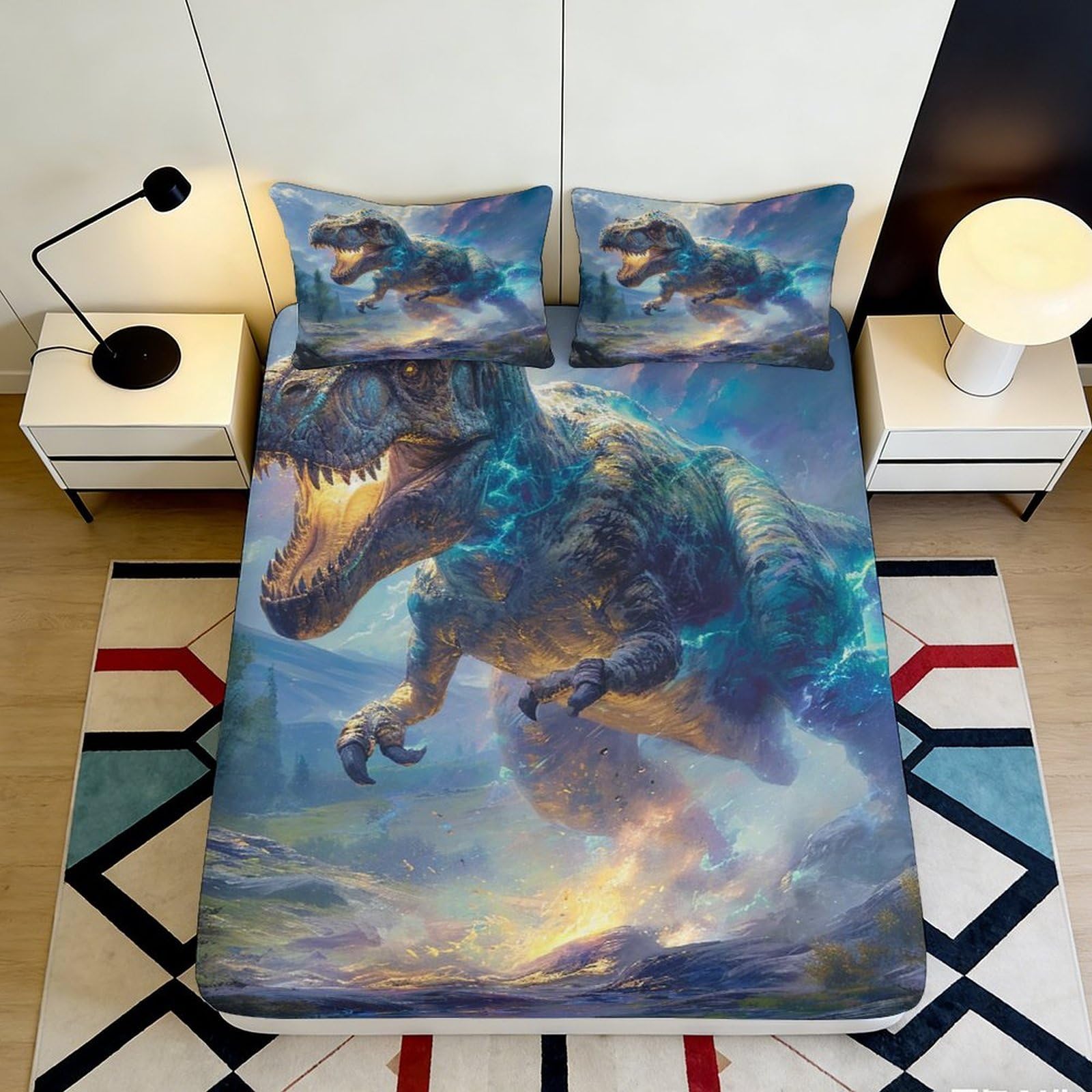 3D Printed Dinosaur Jungle Fitted Sheet Microfiber Soft Breathable Volcano Bed Cover for Bedroom Guest Room Decor 90x200x25cm