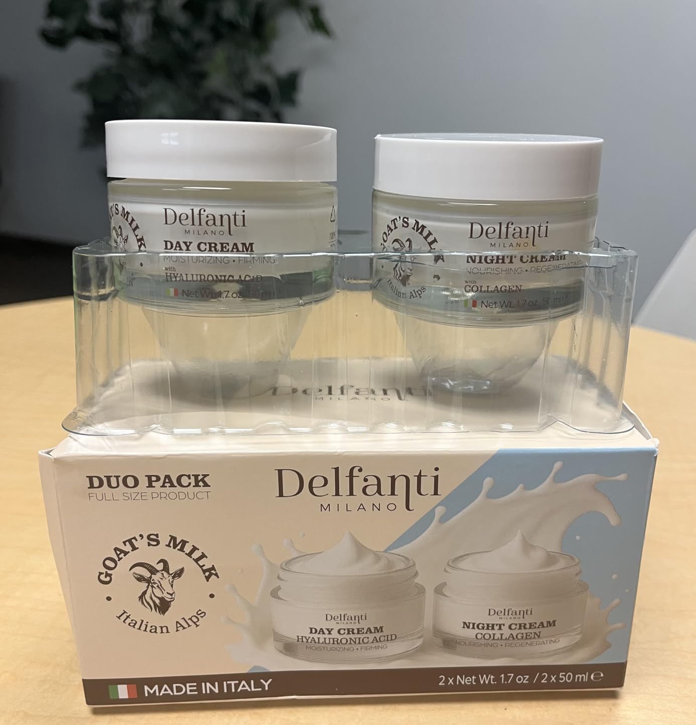 Delfanti-Milano • FULL SIZE DUO PACK • GOAT'S MILK with HYALURONIC ACID Day Cream and GOAT'S MILK with COLLAGEN Night Cream • Face and Neck Moisturizer • 2 x 1.7 oz jars • Made in Italy