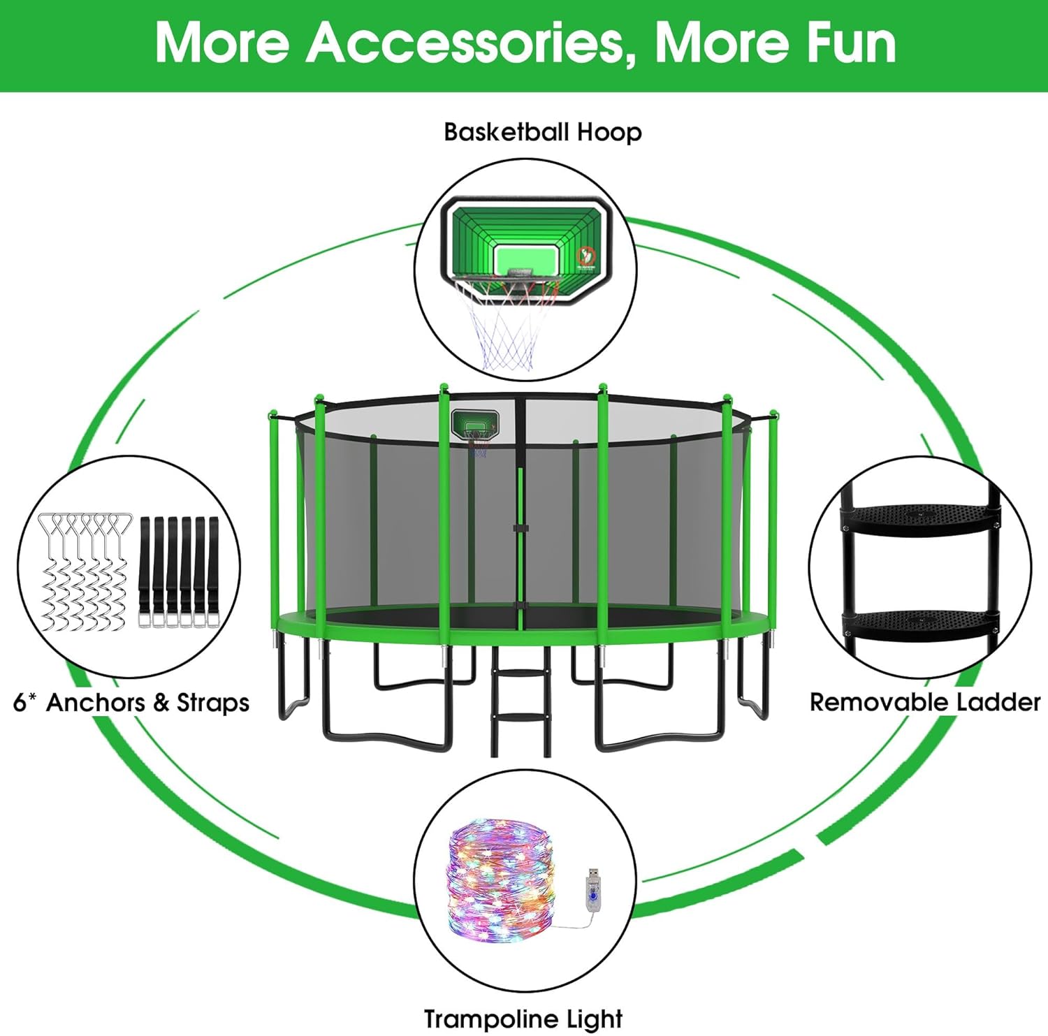 YORIN 1500LBS 8 10 12 14 15 16FT for Kids Adults, No-Gap Design w/Basketball Hoop, Widened Ladder, Waterproof Lights, Heavy Duty Recreational -ASTM Approved