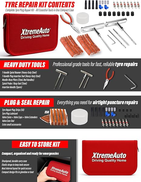 Xtremeauto 87pcs Tyre Repair Kit Heavy Duty Tyre Plug Kit Universal Tubeless Tyre Puncture Repair Kit with 50 Rubber Strips for Cars, Vans, Trucks, Motorcycles, ATV & Tractor - 2