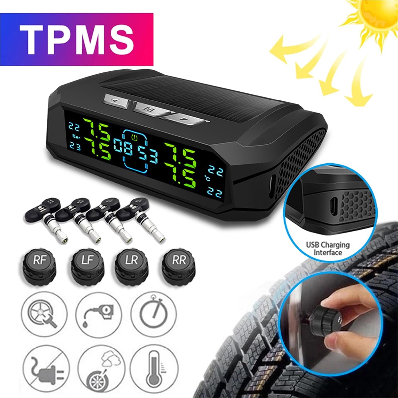 system kontroli ciśnienia w oponach TPMS System Monitorowania Ciśnienia W Oponach Samochodowych Cyfrowy Wyświetlacz Temperatury Opon Bezpieczeństwa Samochodowego Z 4/6 Czujnikami(4 Internal Sensor)