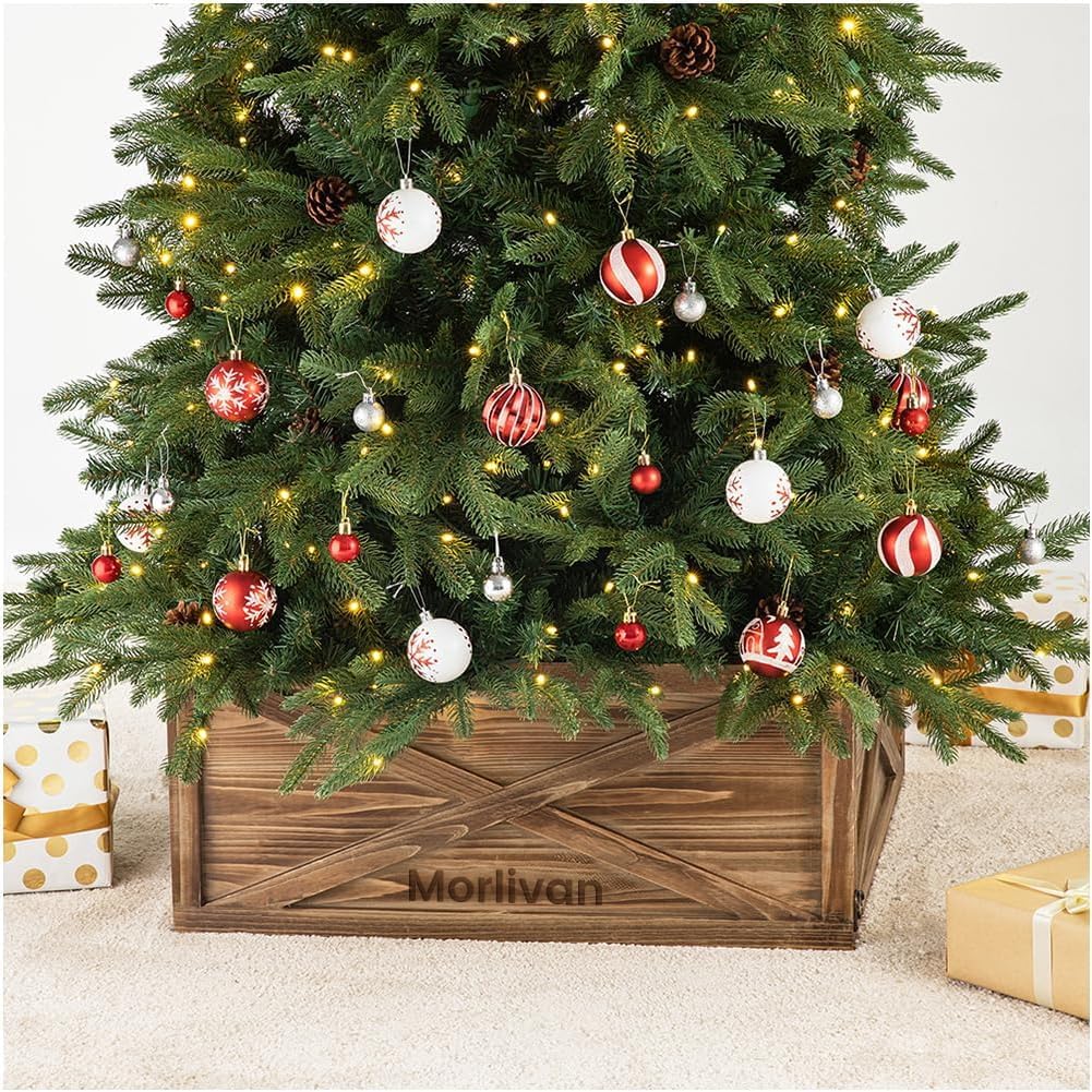 Wooden Christmas Ttree Stand Cover, 22x22x10.47 Inch Rustic Farmhouse Tree Stand Cover with Double Doors, Storage Bench for Holiday Decor (Natural Wood)