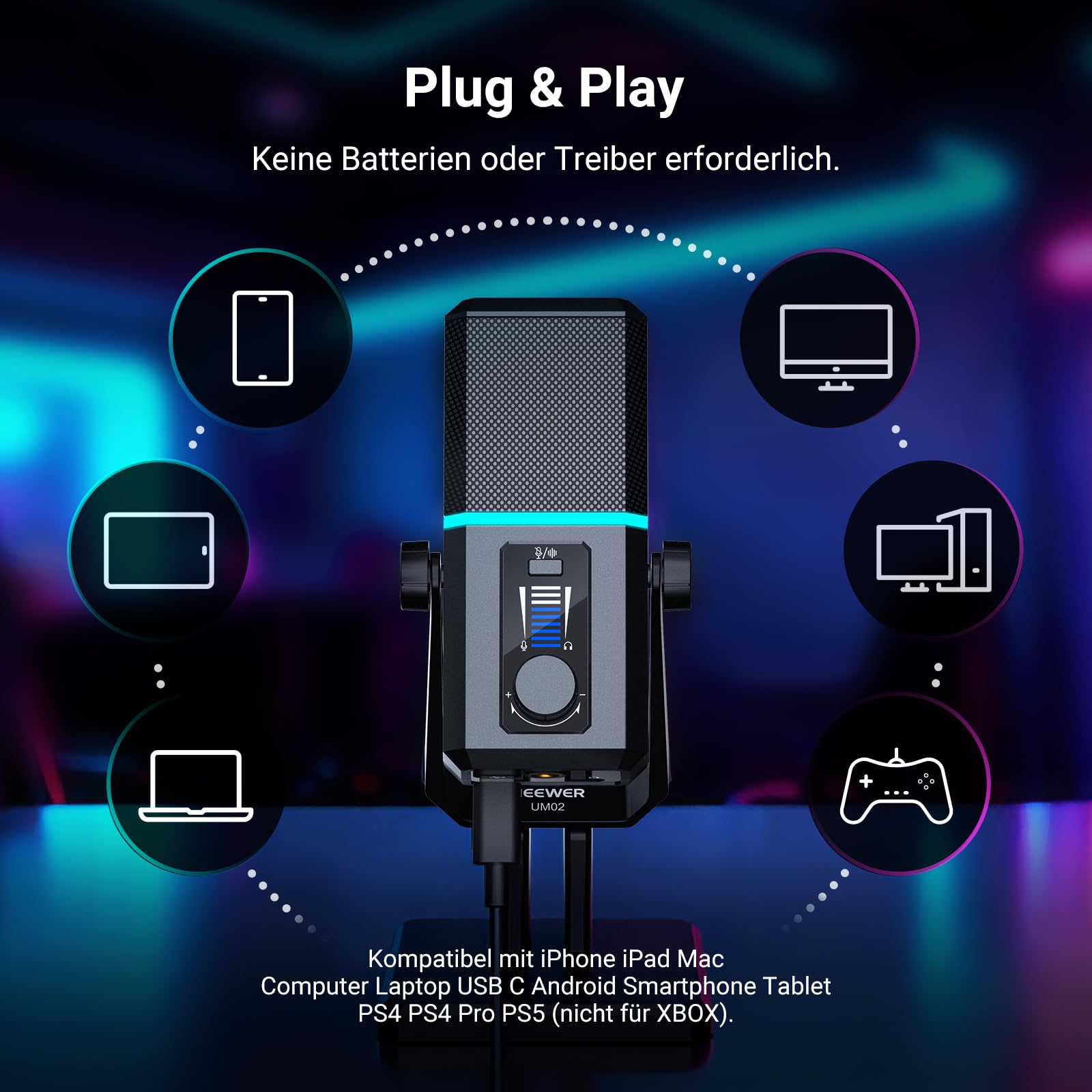 NEEWER RGB USB Mikrofon für Gaming Streaming Podcasts, Nierencharakteristik Kondensator Microphone mit Geräuschunterdrückung für Monitoring kompatibel mit iPhone iPad Mac PC Android PS5/PS4 Pro/PS4