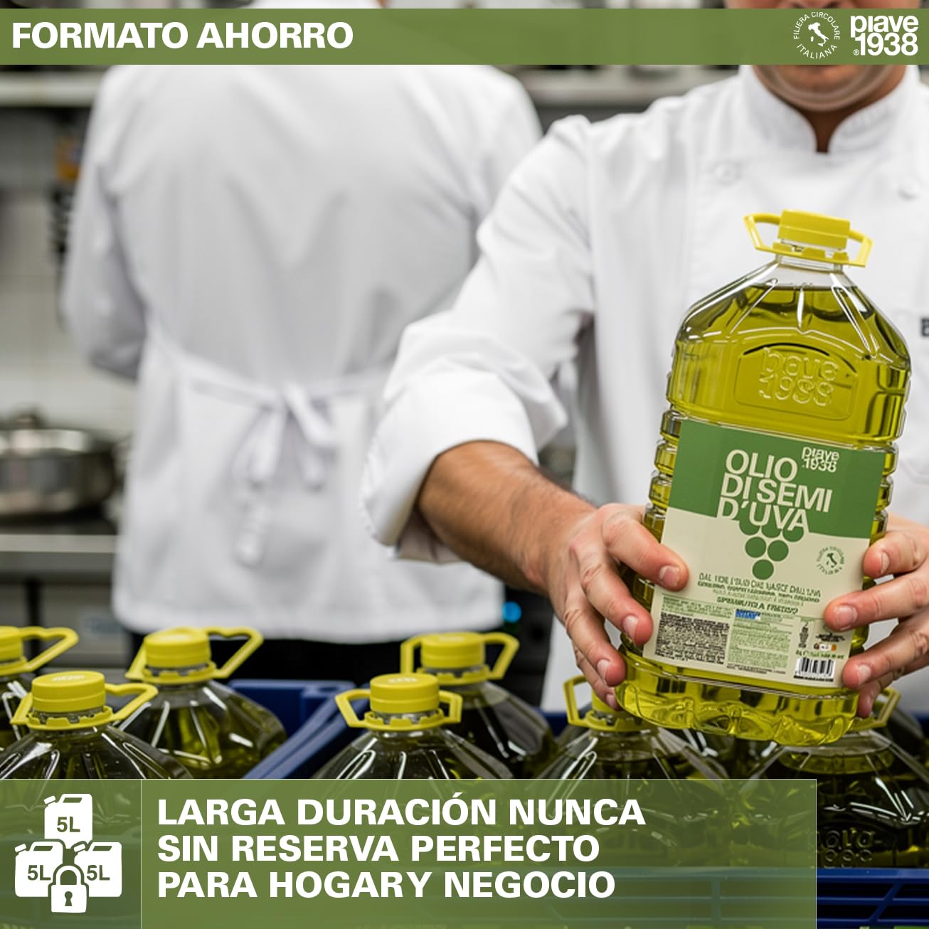 PIAVE 1938 Aceite de Semilla de Uva 5L, 100% Italiano, Alto Punto de Humo para Freír y Cocinar, Aceite Base de Masaje Neutro y Natural, Rico en Vitamina E, Garrafa Formato Profesional Hostelería