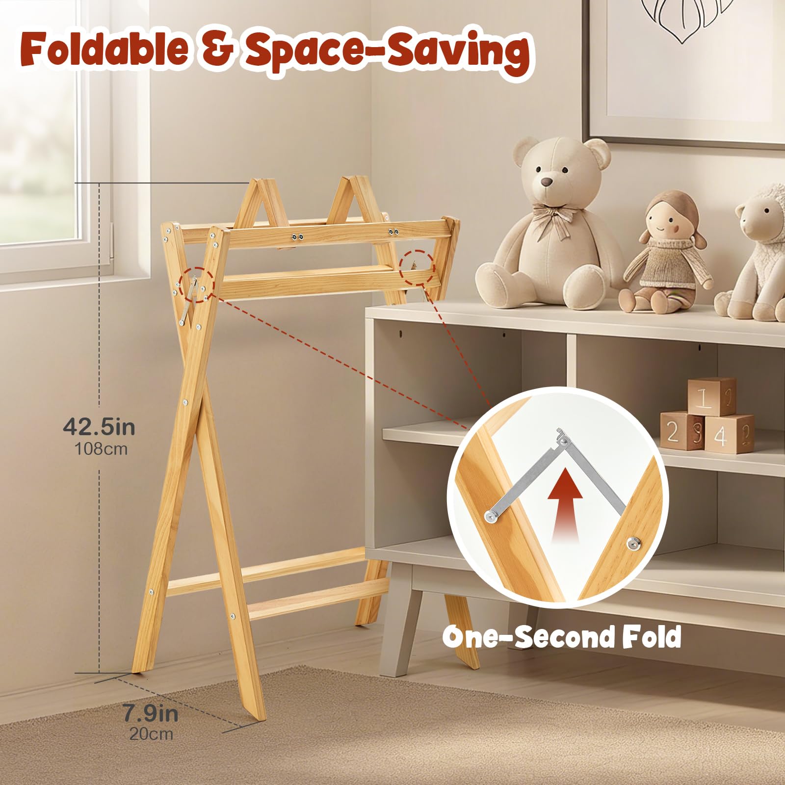 FUNLIO Supporto per vasca da bagno per bebè in legno, supporto pieghevole per bagnetto 0-24 mesi, sicuro e robusto con supporto a 8 punti, vasca per lattanti resistente con rivestimento impermeabile