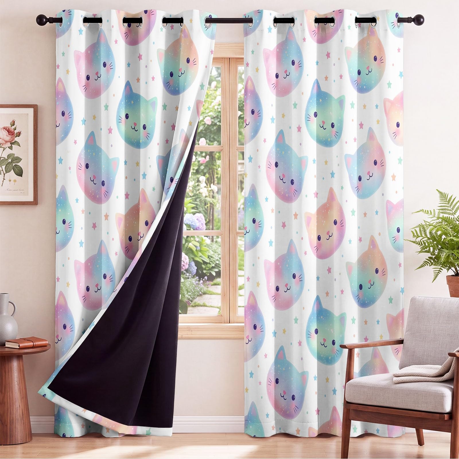 Cortina opaca con diseño de dibujos animados de ensueño con diseño de gato y lunares, arco iris, reducción de ruido, cortinas opacas con ojales, para salón, dormitorio, habitación infantil, decoración