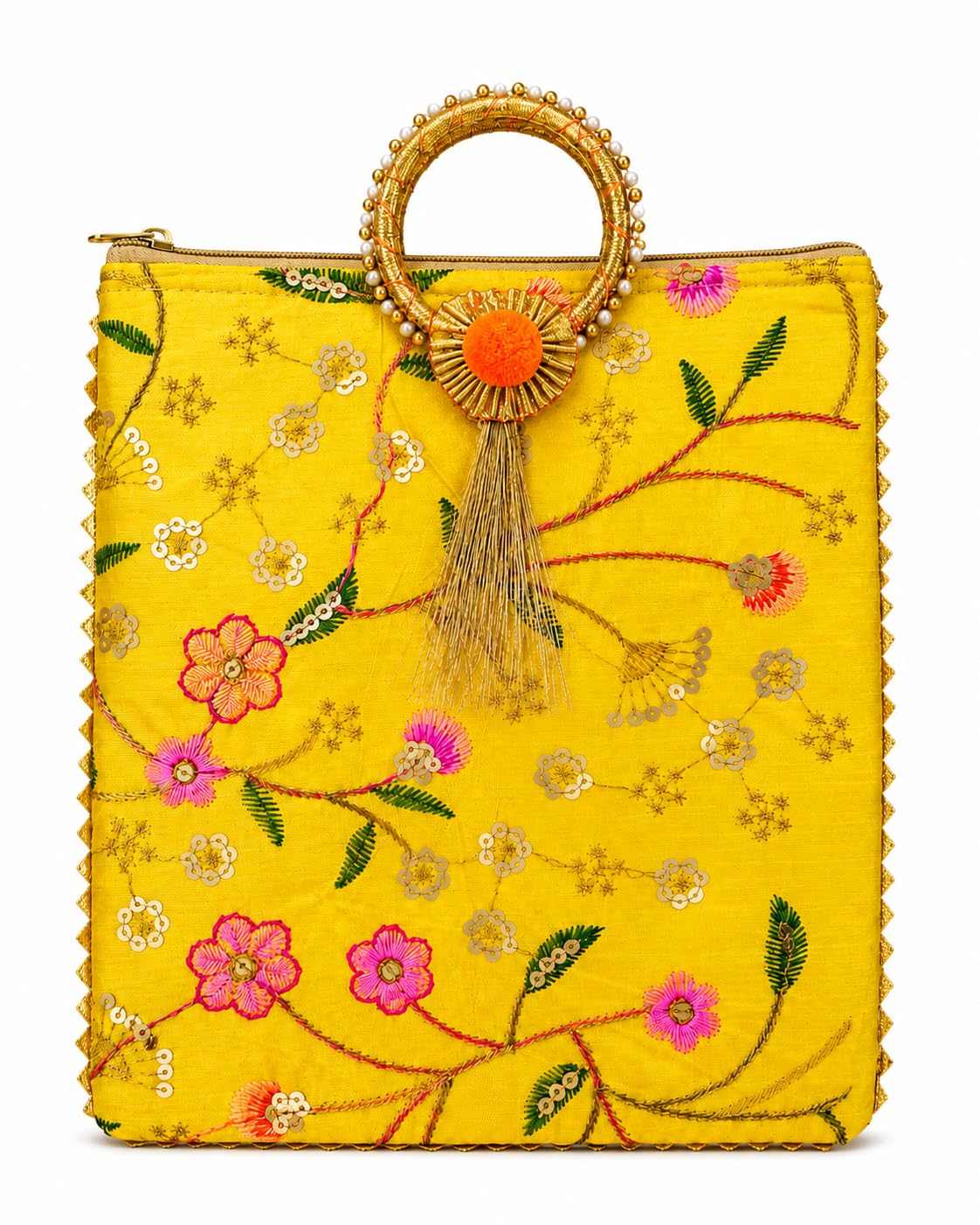 Womens Ethnic Potli Bag - Crimson Yellow Silk Handbag with Sequin Floral Embroidery, Pearl Ring Handle, and Tassel Accent for Weddings, Parties, and-image-0