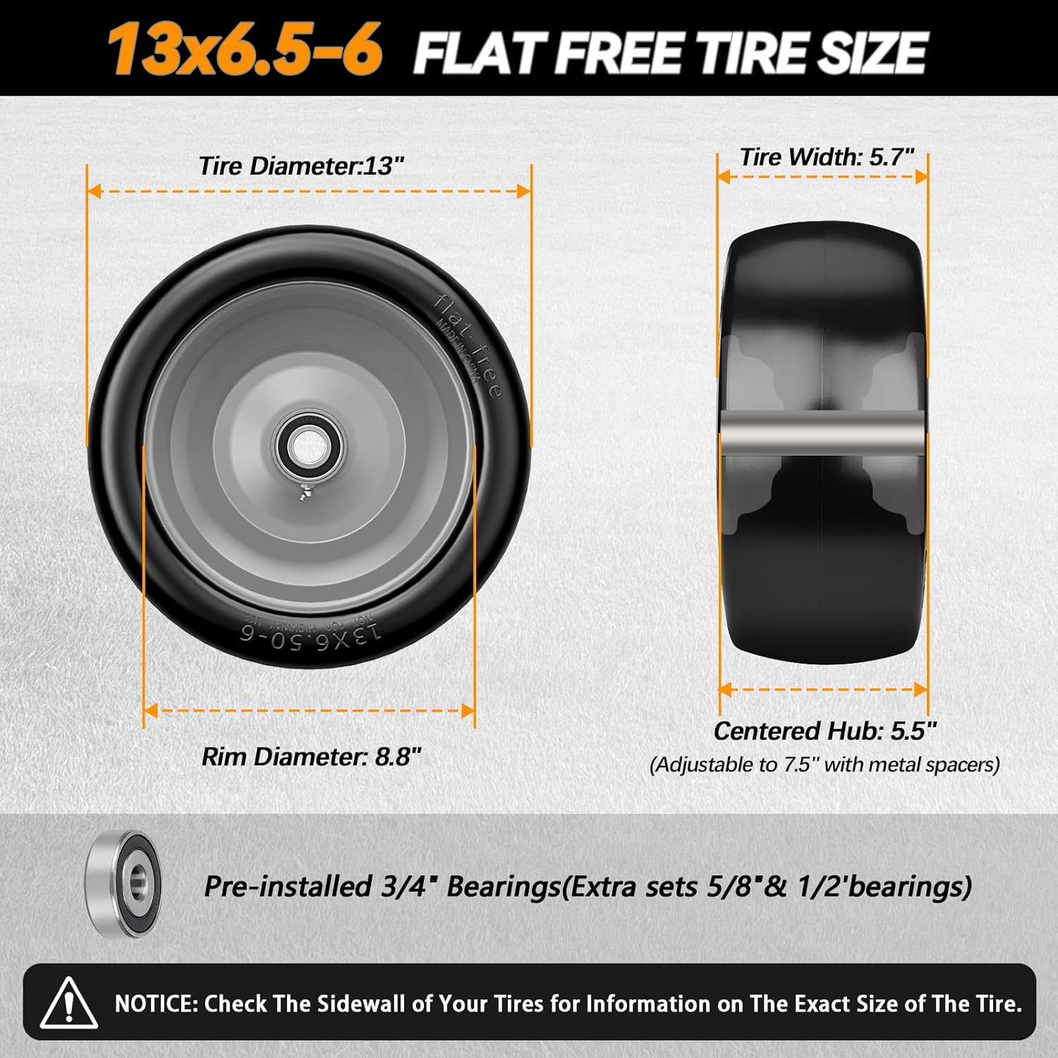 Upgrade 13x6.50-6 Lawn Mower Tires Flat Free,13x6.5-6 Tire and Wheel with 3/4"& 5/8" Bearing,5.5"-7.5" Centered Hub,13x6.5-6 Zero Turn Mower Front Tire for Residential and Commercial Garden Lawn,2 Pcs