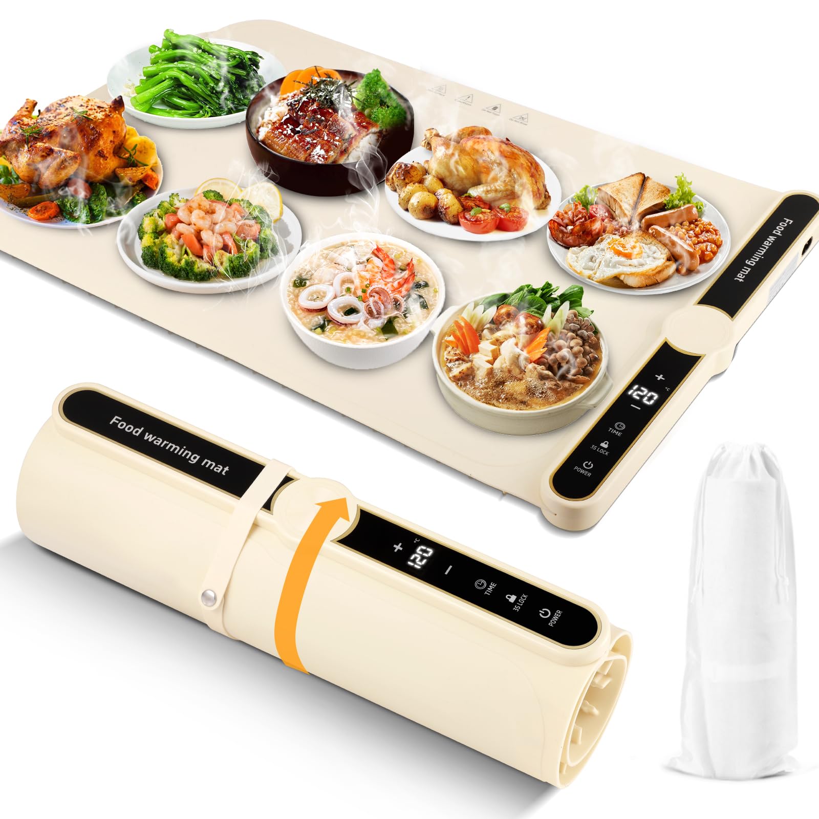 Bandeja Calefactora Eléctrica, Silicona Plegabl Placa Calentadora, Calentador de Alimentos Portátil, con 9 Ajustes de Temperatura y Temporizador para Bufés, Familia, Fiestas, Eventos 80 x 38cm