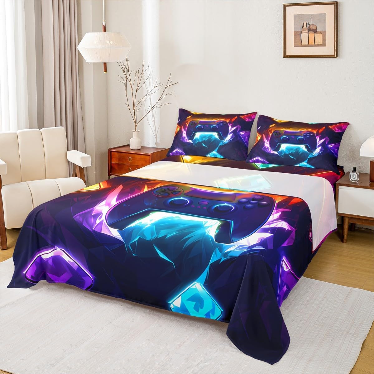 Erosebridal Gaming Top Fitted Sheet for Boys, Modern Gamer Console Bed Sheets Full Size for Kids Boys Teens Playroom, Video Games Controller Sheet Set Gamepad Geometric Bedding Set, Black Orange