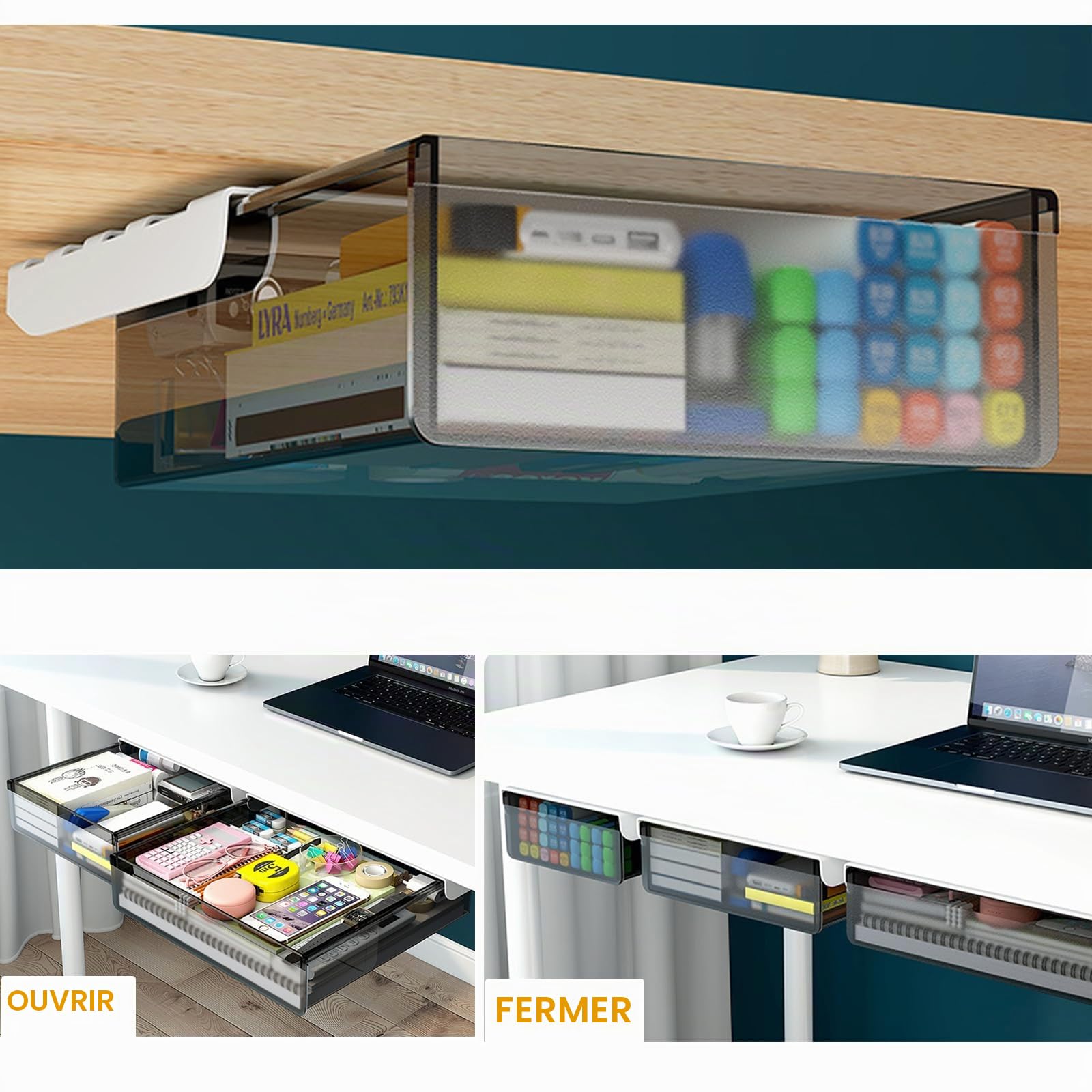 Lot de 3 tiroirs de rangement sous le bureau - Avec colle - Créez un espace de rangement supplémentaire pour votre maison, bureau, cuisine, fournitures scolaires