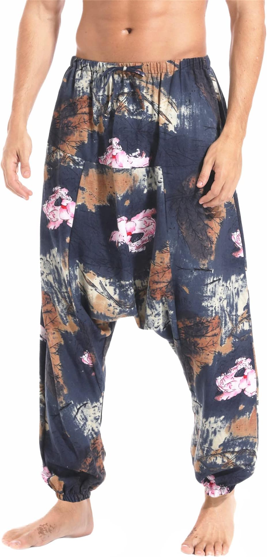 perdontoo Men Women's Harem Pants Drawstring Elastic Waist Aladdin Boho Hippie Drop Crotch Trousers (32, Style 14)