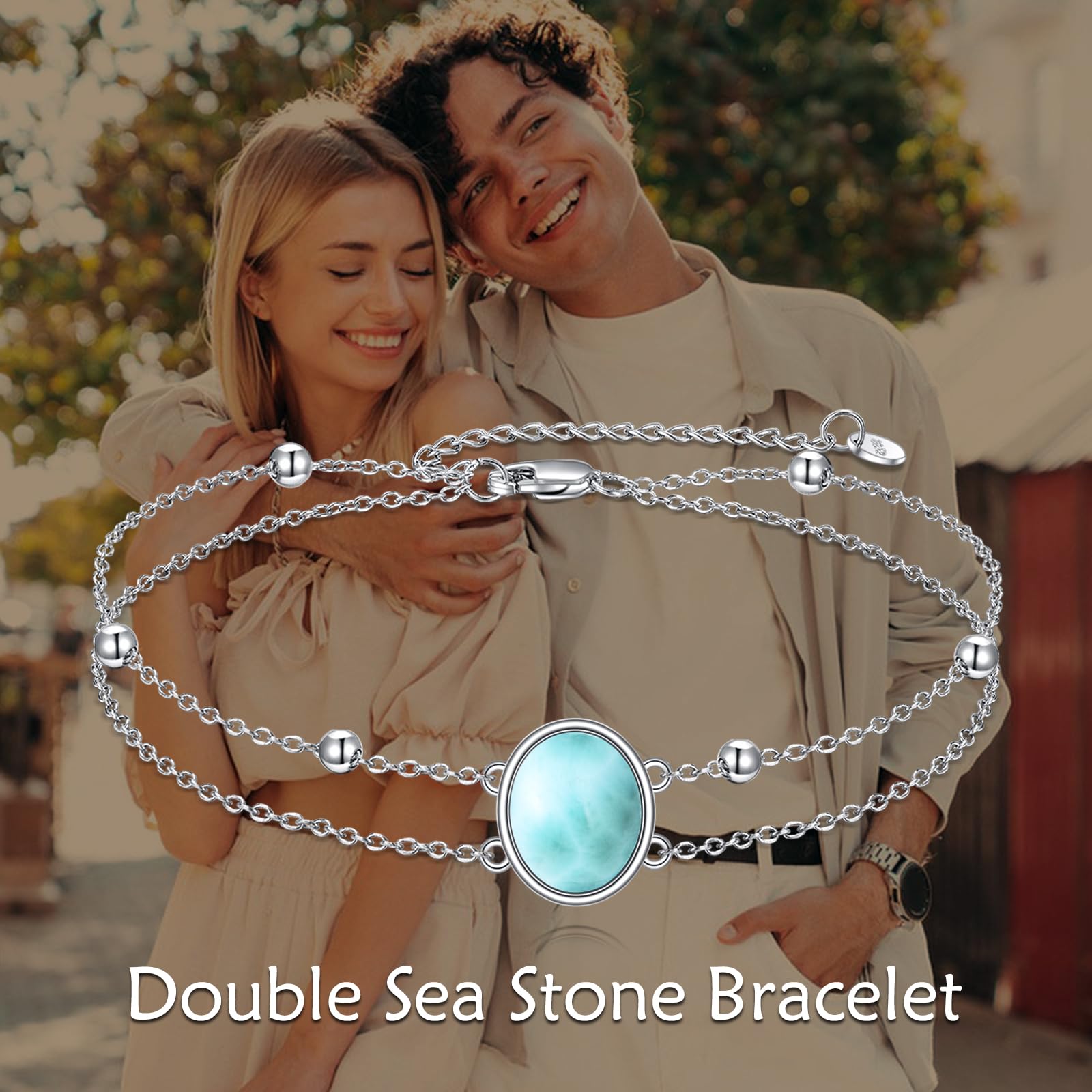 POPLYKE Pulsera de larimar/labradorita/ópalo/peridoto/lapislázuli/ágata musgo/ónix negro para mujer, plata de ley, lágrima/ovalada, joyería de larimar para mujer, Medio, Plata de ley, Sin piedra