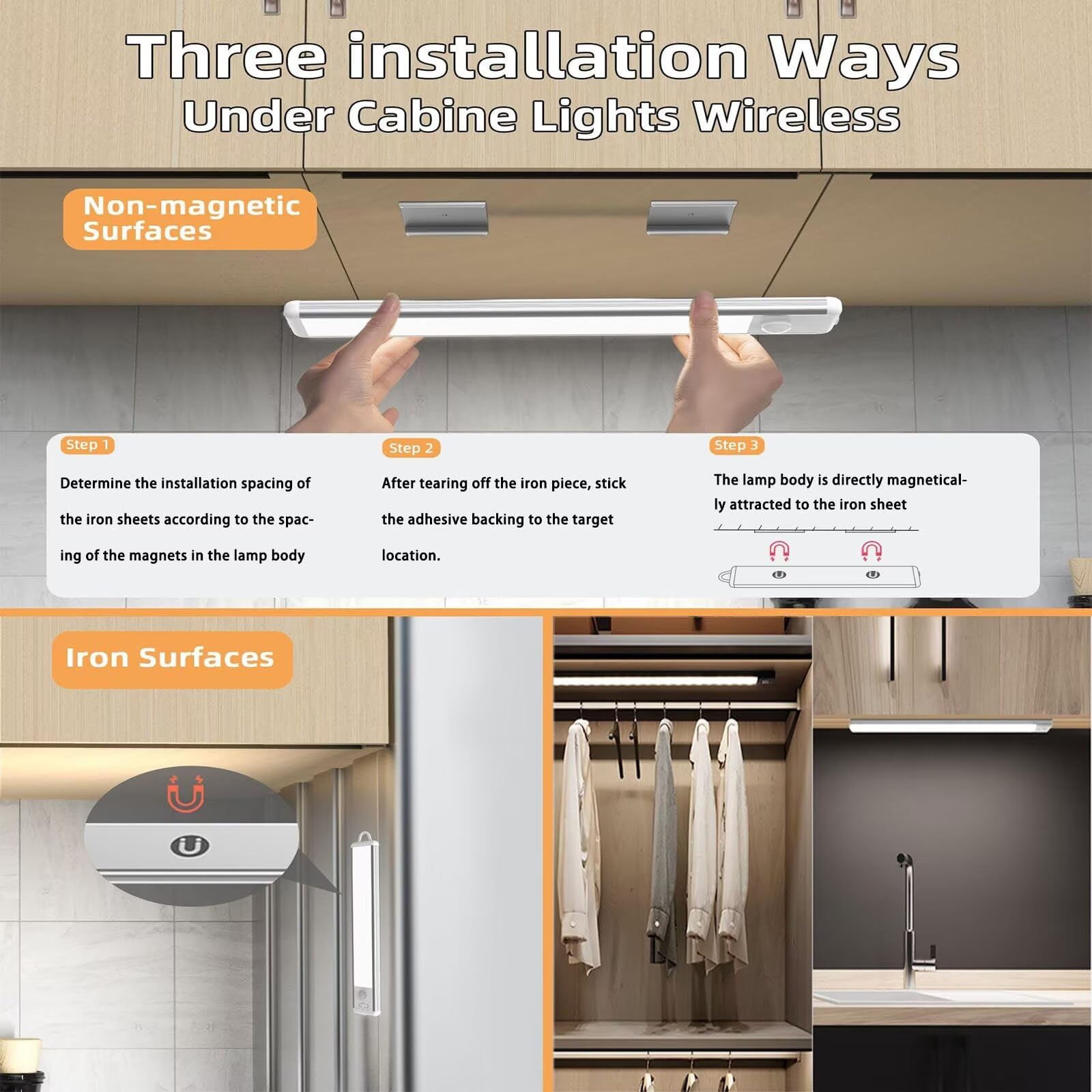 Luce LED Sottopensile Cucina Senza Fili 50CM , Luce armadio led con sensore 100 LED Lampada Guardaroba 4 Modalità 3 Temperature di Colori Dimmerabile 1000mAh USB Ricaricabile per armadio,Scale,4PCS