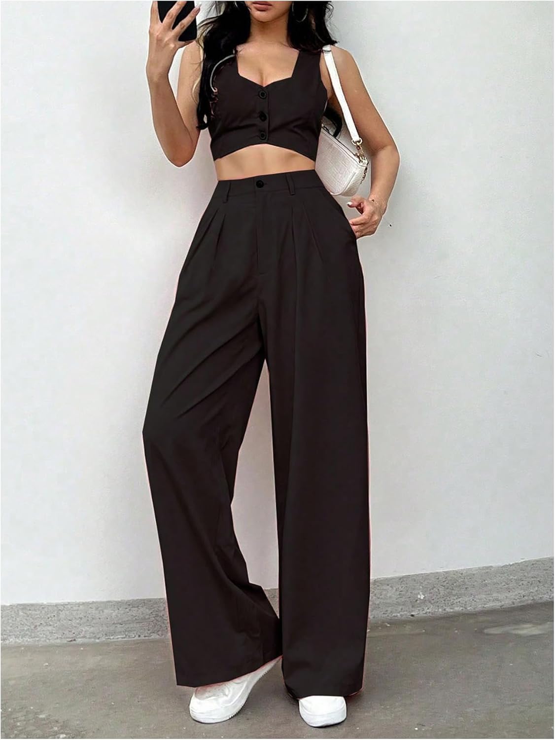 SweatyRocks Women's 2 Piece Outfits Button Front Sleeveless Crop Top and Straight Leg Pants Set - Image 4