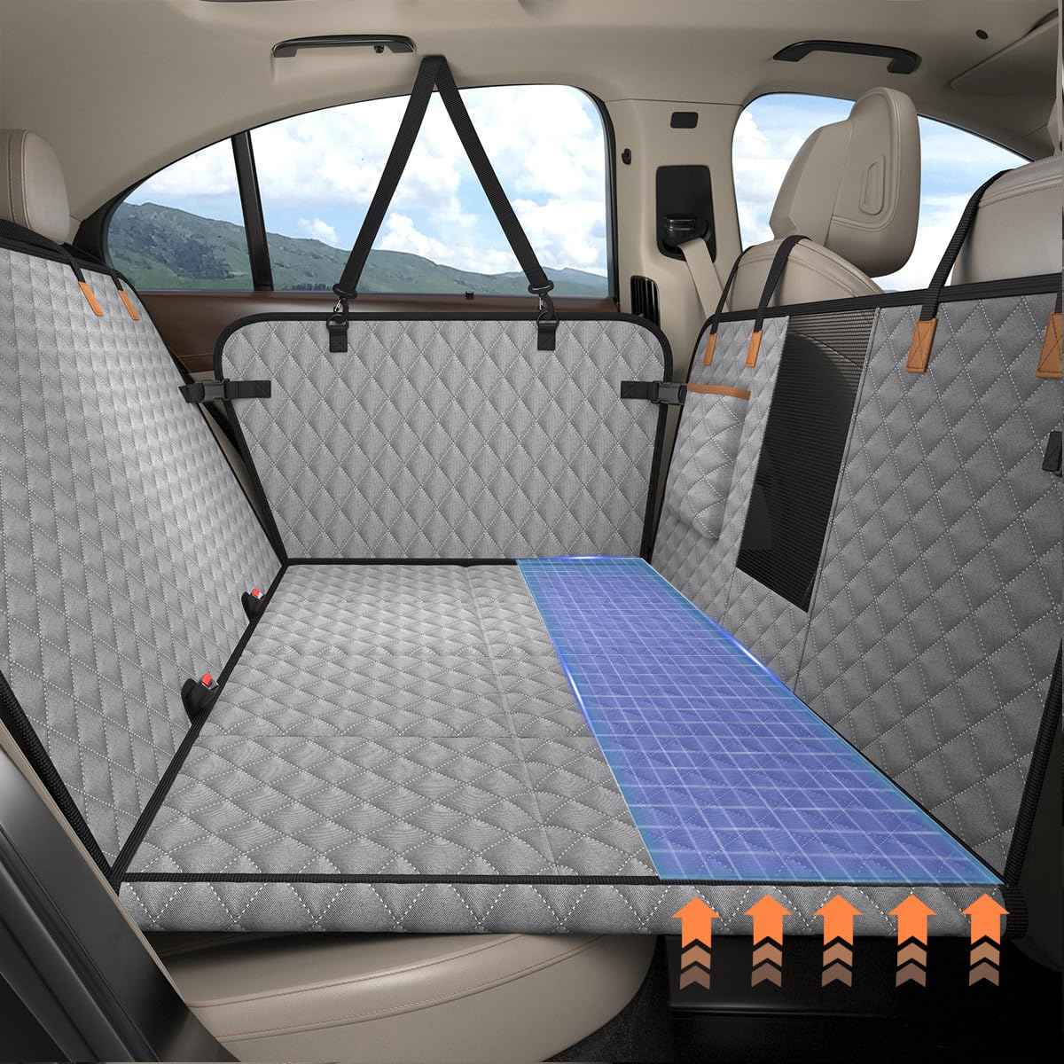 BMaoBBo Back Seat Extender for Dogs - Dog Car Seat Cover [127 x 62 cm], Waterproof & Foldable, Scratch-Resistant with Hard Shell, Dog Back Seat Cover for SUVs and Family Cars, Removable (Grey)
