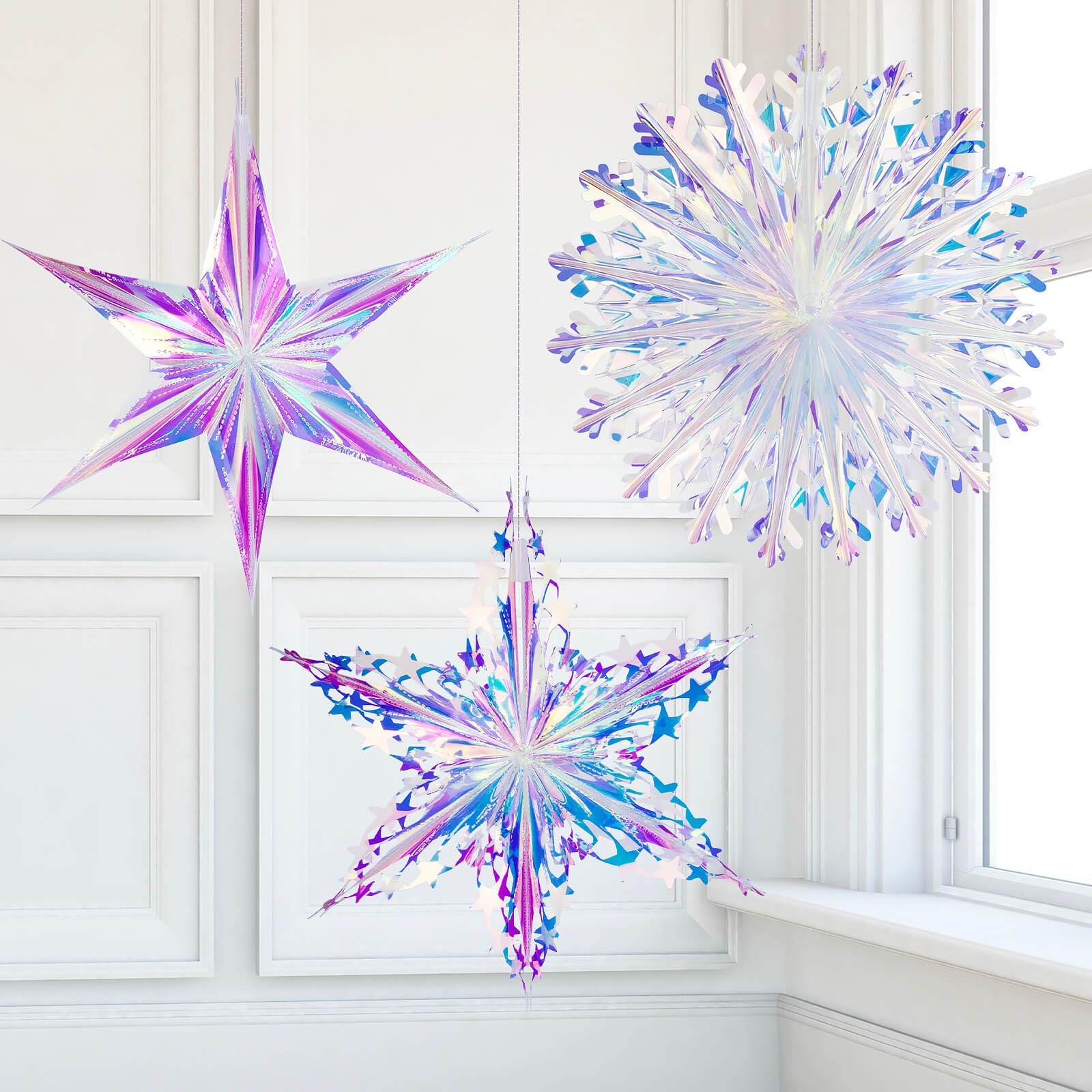 3PCS Iridescent Decoration Ornaments Hanging Decorations, Iridescent Snowflakes Fan, Starry Snowflake, Hexagram Stars Garland for Home Decorations Wedding Birthday Christmas Parties, Vomika